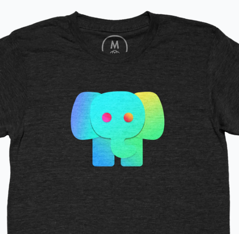 A textured black t-shirt featuring a colorful, stylized elephant design with a gradient color scheme.