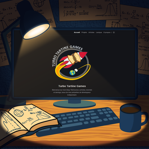 Montage mettant en scène un bureau de développeur en désordre, avec la page d’accueil de mon blog affichée sur l'écran de l'ordinateur. L'image n'est pas d'une qualité professionnelle. Je l'ai crée moi même pour remplacer la précédente générée par IA