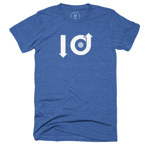 A blue t-shirt featuring a white graphic design with an upward arrow and a downward arrow, surrounding a circle.