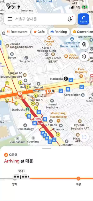 Screen recording of real time train location on KakaoMap