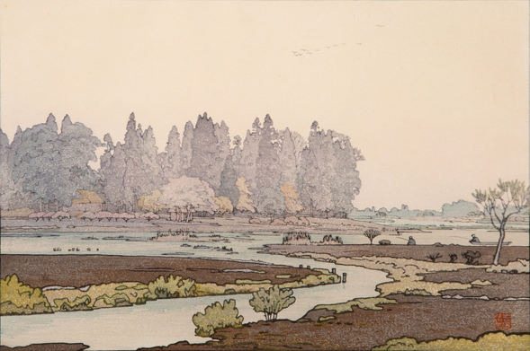 A view looking out over Morinji-Numa, a flat, marshy stretch of land. In the foreground, a curving stream joins the larger marsh. On our right, two figures sit with fishing poles, one person on the bank and one in a small open boat nearby. On the other side of the marsh, tall trees surround and mostly hide the small thatched-roof gate and main building of Morin-ji Temple. Above, the sky is dingy and overcast.