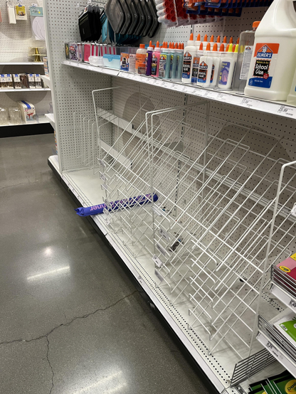 Empty shelves

https://www.reddit.com/r/pics/comments/1laqkr7/posterboard_section_at_los_angeles_target_today/