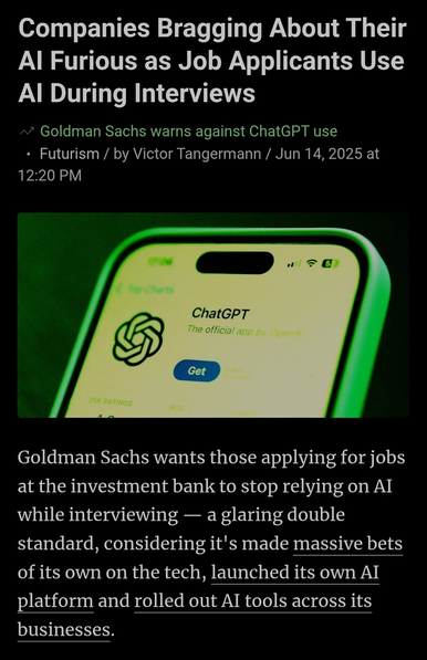 Screenshot of an article describing how companies that use ChatGPT for hiring are complaining about applicants using AI.
