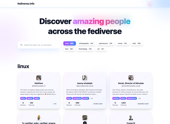 The new fediverse.info People Directory in light mode
