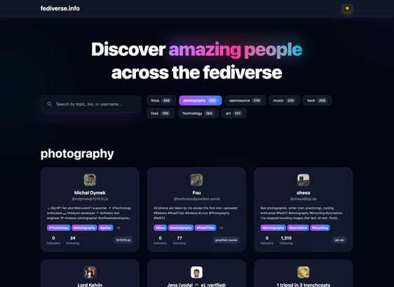 The new fediverse.info People Directory in dark mode