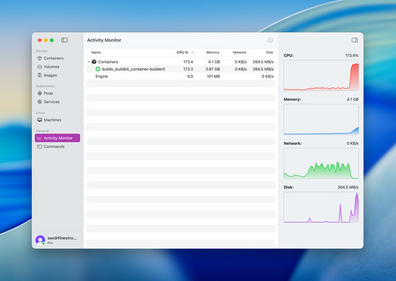 Activity view of the OrbStack app showing a running container with metrics in the side bar resource usage: CPU, memory, network, and disk.

It’s a modern Mac app with lots of additional features like viewing container logs and connecting to a running container.