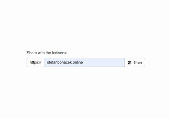 A short recording of me using the fediverse sharing button, filling out various fediverse domain names, showing how the icon changes to match the software running on each server.

The interface itself consists of an input field for the domain name and a share button preceded by an icon.

An "https" placeholder text is before the input field to signal that this part of the URL is not needed.