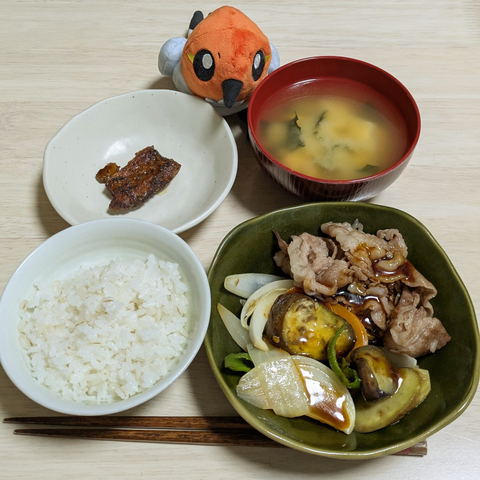 押麦ご飯。焼いた肉と野菜を盛った上に焼肉のタレがかかっているモノ。豆腐とワカメの味噌汁。スペアリブのかけら。ヤヤコマのぬいぐるみ。