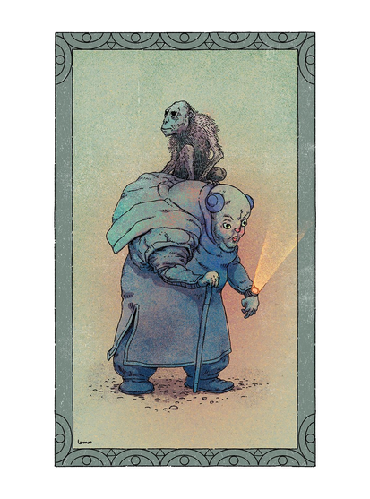 Illustration of a fat old person, sci-fi dressed, with a monkey on their shoulder and a smart-watch-lantern.