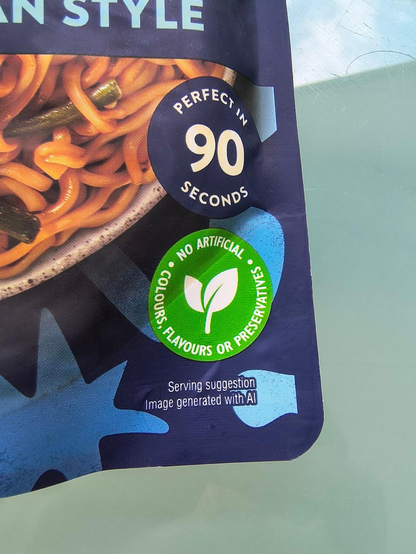 A close-up of the note reading "Serving Suggestion. Image generated with AI."
