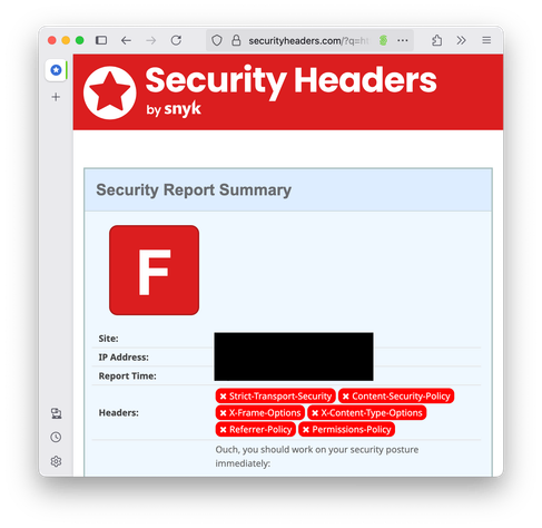 Screenshot of SecurityHeaders.com website report. The site analyzed is redacted. Score of F in red. Headers missing: Strict-Transport-Security, Content-Security-Policy, X-Frame-Options, X-Content-Type-Options, Referrer-Policy, Permissions-Policy. Text: "Ouch, you should work on your security posture immediately."