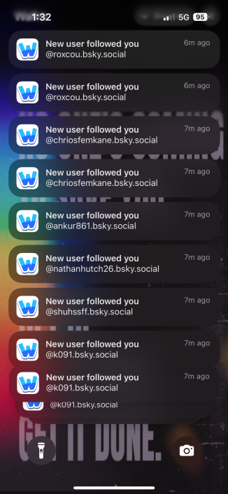Notifications on an iphone screen of several “users” following me on WAFRN in rapid succession. 