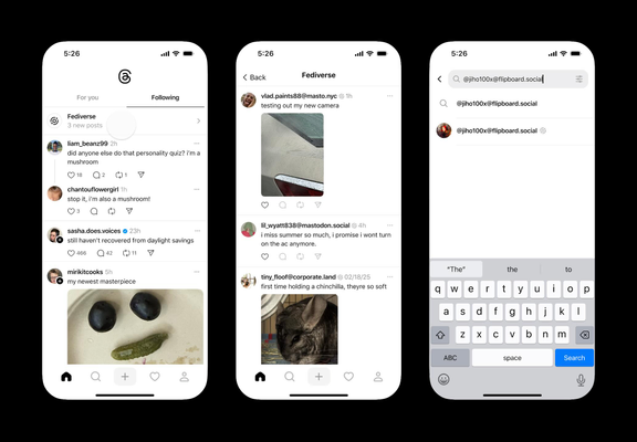 Three mobile phone screens on a black background show the fediverse feed on Threads, as well as the ability to search for fediverse users from Threads.