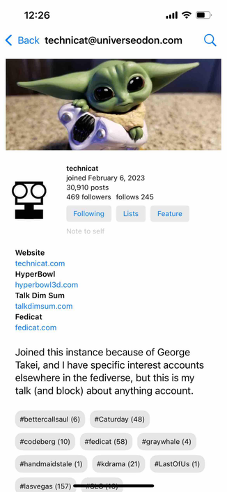 screenshot of a profile of a followed account with a feature button