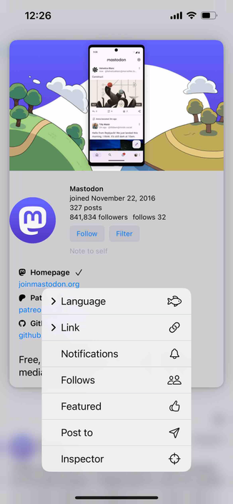 screenshot of the profile for mastodon official with a featured menu option