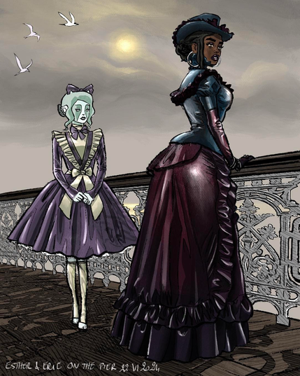 Esther and Erie stand on a pier at sunset.

Esther is leaning against the railing, and looks away.She wears a burgundy dress, a blue jacket, with elbow length gloves and a hat.

Erie stands behind her mistress, she wears a parme dress, with a knot on the front that closes her jacket. She has a knot in her hair.

Arctiques terns fly in the background.