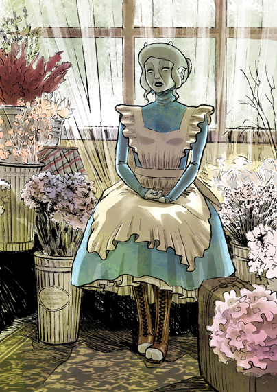 Erie is lost in her thoughts, with a sad expression on her face. She seated in a room with many flower arrangements in pots. Sunlight streams through a window in the background, enhancing the contrast between Erie and the serene atmosphere.