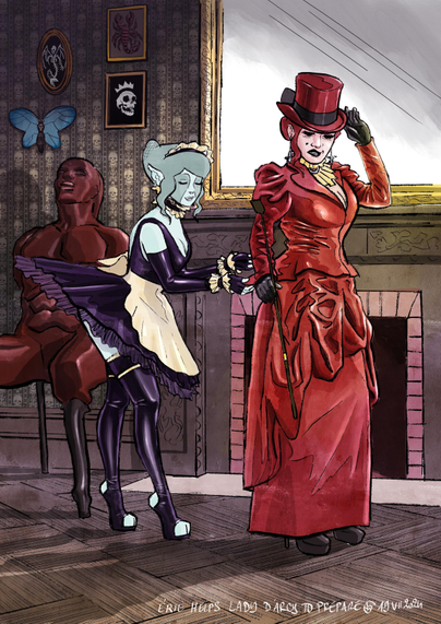 Erie helps Lady d’Arcy to prepare. The villainess wears a red horse riding suit while the leonine maid wears a short purple maid outfit. 

In the background, the human chair 