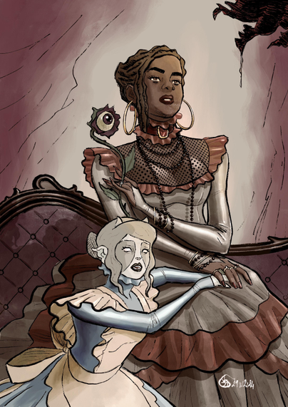 Cover of the 2024 file: Esther is sat on a couch, wearing a dark grey silky Victorian dress with red ruffles, rounded earrings and many jewellery. She holds a strange flower with an eye in the center in her right hand. 
Erié is at her mistress feet, hers hands in Esther left one. 

Both are looking to the top right corner where a mysterious and menacing form appears. Esther seems mesmerised while Erie is more worried.