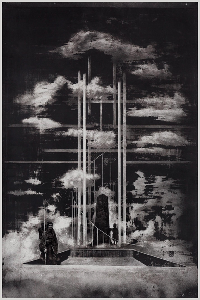 A black and white illustration depicting a surreal architectural scene.
In the center of the image stands a raised platform, structured like a stage or plinth, with vertical poles or beams extending upwards into the sky. These beams pierce through various horizontal bands and semi-transparent clouds, giving the impression of great height. A tall, dark monolithic shape rises in the middle of the platform, surrounded by these beams.

To the right of the monolith stands a small, silhouetted child-like figure, while to the left, closer to the foreground, appears a cloaked figure holding a long staff. The cloaked figure has a partially visible face and stands on the lower level of the platform. The background is filled with a dramatic sky composed of layered clouds and abstract horizontal streaks, evoking a sense of both depth and atmosphere. The overall composition is symmetrical and monumental, with high contrast and textured surfaces contributing to the dreamlike, solemn tone of the image.