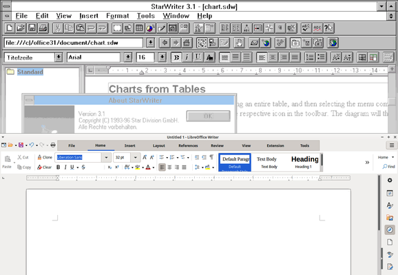 Screenshot comparison of StarWriter 3.1 from the 1990s, and LibreOffice today