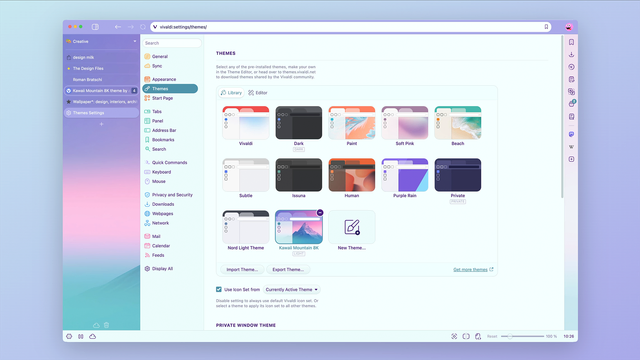 Image of the Vivaldi Browser app, displaying the themes editor in it's settings. 
