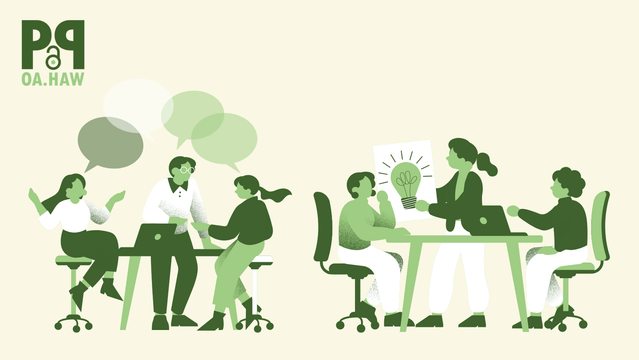 Das Bild zeigt mehrere Personen in Gesprächen, die symbolisch für Open-Access-Expert*innen stehen, die Hochschulen beraten und gemeinsam Ideen entwickeln. Die Illustration ist in verschiedenen Grüntönen gehalten und zeigt zwei Gruppen von Menschen an Tischen. Links sitzen drei Personen, zwei sprechen miteinander, eine dritte hebt die Arme und es sind Sprechblasen über ihnen. Rechts diskutieren drei weitere Personen, wobei eine stehend eine Karte mit einer leuchtenden Glühbirne hält. Oben links befindet sich das Logo "P2P.OA.HAW".