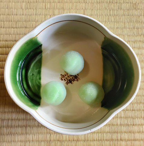 Vivid green sweets mimicking ripe ume fruits.