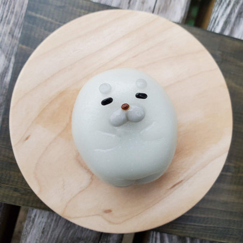 A nerikiri sweet in the shape of a seal for Kyoto Aquarium.