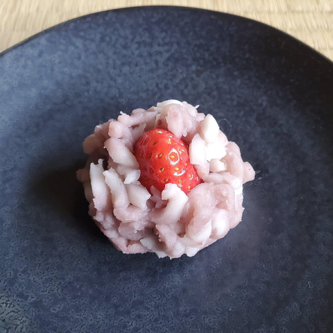 Strawberries are typically associated with the winter in Japan...this kinton has a whole strawberry at its heart.