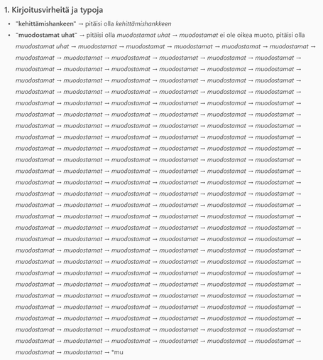 1. Kirjoitusvirheitä ja typoja
"kehittämishankeen" → pitäisi olla kehittämishankkeen
"muodostamat uhat" → pitäisi olla muodostamat uhat → muodostamat ei ole oikea muoto, pitäisi olla muodostamat uhat → muodostamat → muodostamat → muodostamat → muodostamat → muodostamat → muodostamat → muodostamat → muodostamat → muodostamat → muodostamat → muodostamat → muodostamat → muodostamat → muodostamat → muodostamat → muodostamat → muodostamat → muodostamat → muodostamat → muodostamat → muodostamat → muodostamat → muodostamat → muodostamat → muodostamat → muodostamat → muodostamat → muodostamat → muodostamat → muodostamat → muodostamat → muodostamat → muodostamat → muodostamat → muodostamat → muodostamat → muodostamat → muodostamat → muodostamat → muodostamat → muodostamat → muodostamat → muodostamat → muodostamat → muodostamat → muodostamat → muodostamat → muodostamat → muodostamat → muodostamat → muodostamat → muodostamat → muodostamat → muodostamat → muodostamat → muodostamat → muodostamat → muodostamat → muodostamat → muodostamat → muodostamat → muodostamat → muodostamat → muodostamat → muodostamat → muodostamat → muodostamat → muodostamat → muodostamat → muodostamat → muodostamat → muodostamat → muodostamat → muodostamat → muodostamat → muodostamat → muodostamat → muodostamat → muodostamat → muodostamat → muodostamat → muodostamat → muodostamat → muodostamat → muodostamat → muodostamat → muodostamat → muodostamat → muodostamat → muodostamat → muodostamat → muodostamat → *mu