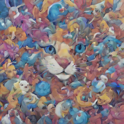 LLM generated picture of a kitten, based on the prompt: "A picture of some random AI slop. Surprise me."

This kitten is possibly more tabby colored, with very blue eyes. The rest of the kitten can not be seen, as it appears to be peeking out from a mountain of pastel-hued hallucinatory slop, possibly small plush animals.
