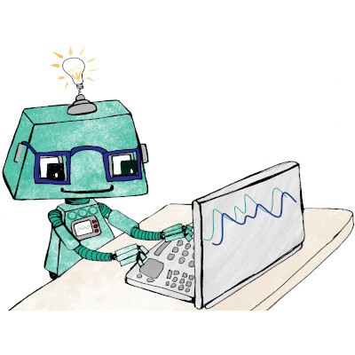 Cartoon robot with a light bulb on its head, sitting at a desk using a laptop