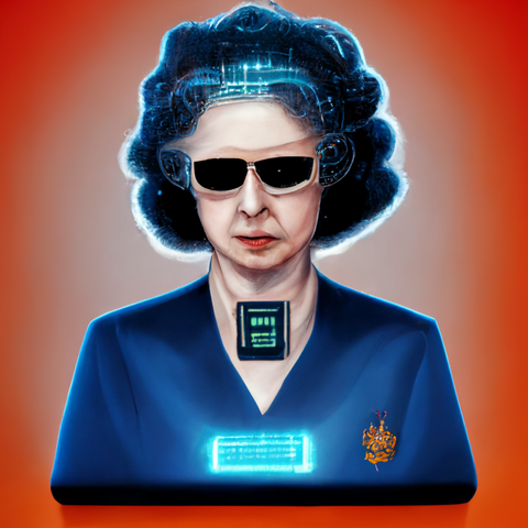 Midjourney AI creation. Queen Elizabeth as a hacker in a sci-fi novel. 