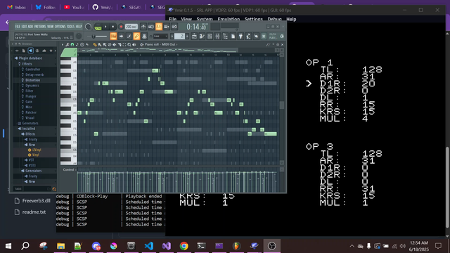 Footage of FL Studio sending a MIDI melody into a homebrew Sega Saturn ROM running inside of the Ymir emulator, playing the melody back on an FM-synthesized woodwind instrument.
