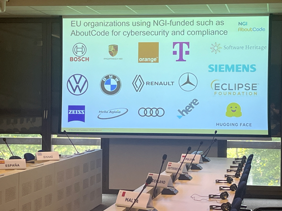A slide with logos of Bosch, Orange, Telecom, Software Heritage, Volkswagen, Renault, Hugging face, Audi, Zeiss…