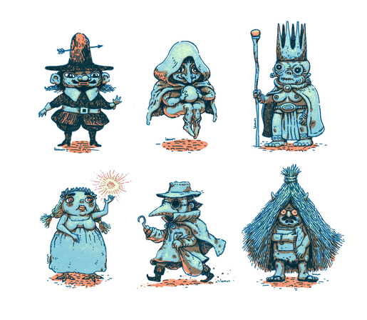 Color illustrations of 6 tiny amusing wizards