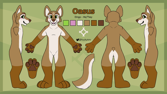 A reference sheet for my character, Oasus, a dingo.