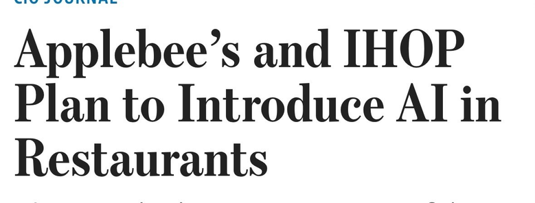 Text headline indicating Applebee's and IHOP's plans to incorporate AI technology into their restaurant operations.
