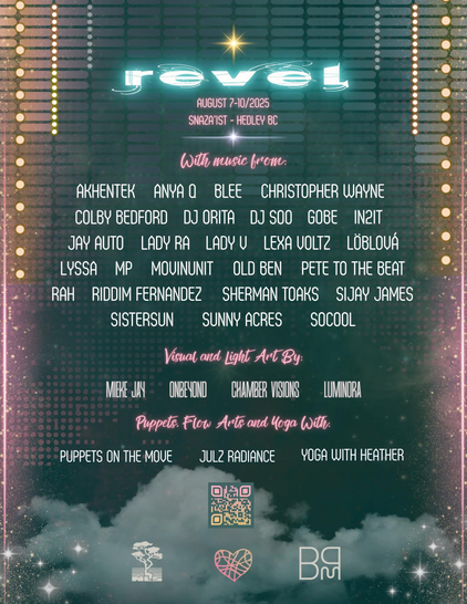 The flyer for the Revel Music Festival. August 7-10, 2025 in Snaza’ist - Hedley BC. 