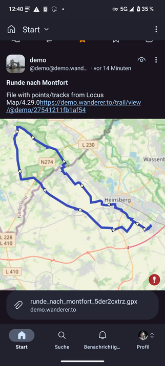 The image shows a screenshot of a mastodon client. In it a post by @demo@demo.wanderer.to displaying a picture of a trail with the GPX file attached and a link to the post.