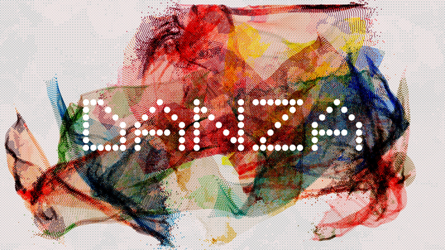 Still image/poster of DANZA, an abstract, generative physics-based realtime animation. The composition shows multiple overlapping patches of cloth sims, each represented by tens of thousands of small dots, each patch in different colors.