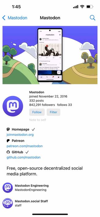 screenshot of the profile for mastodon official with the accounts for mastodon engineering and staff featured