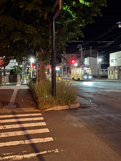 Night photo from Hakodate in southern Hokkaido, Japan - trams are running in hotel vicinity