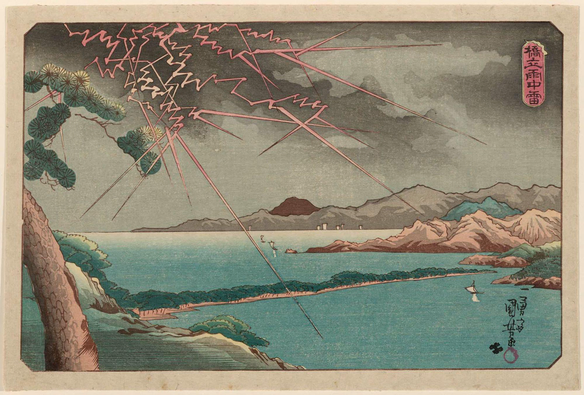Woodblock print of a lightning storm over Amanohashidate.

Image thanks - https://ukiyo-e.org/