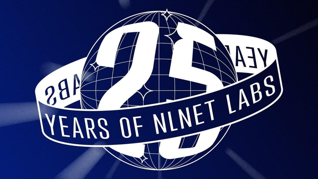 The logo of our silver jubilee: a disco-ball looking sphere with "25" on it, surrounded by a ribbon with text: "years of NLnet Labs”.