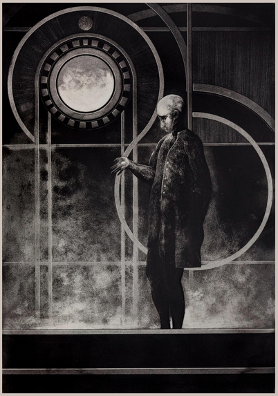 A bald figure stands upright in the center-right of the composition, facing left in a three-quarter profile. The figure wears a long, buttoned coat and holds one arm forward at chest height, the hand slightly opened. The background consists of a geometric architectural structure composed of intersecting circular and linear elements. A large circular window or porthole is situated in the upper-left quadrant, showing a moon-like disc within a segmented frame. The floor and background display a cloudy, smoky texture in grayscale tones. The entire image is rendered in black and white, with a high contrast between the dark figure and the lighter background.