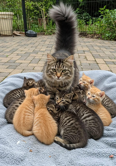 ALT

 En la imagen, se observa a una gata adulta con un pelaje gris y rayas negras, sentada en un suave mantel azul sobre una superficie de adoquines. La gata tiene una cola larga y espesa, que se alza hacia arriba, y mira directamente a la cámara con una expresión alerta. Alrededor de ella, hay ocho gatitos de diferentes colores: algunos son de color gris con rayas negras, mientras que otros son de color naranja. Los gatitos están acurrucados juntos, algunos con la cabeza apoyada en la gata, y parecen estar descansando o buscando calor. El fondo muestra un jardín con una valla metálica y vegetación verde, lo que sugiere un entorno tranquilo y natural. La escena transmite una sensación de calidez y protección, con la gata como figura central rodeada de sus cachorros.