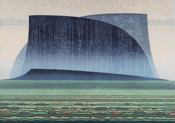An abstract image suggesting a landscape crossed by horizontal lines and touches of flat colour, stretching out toward a strange, gigantic, dark mesa-like feature.