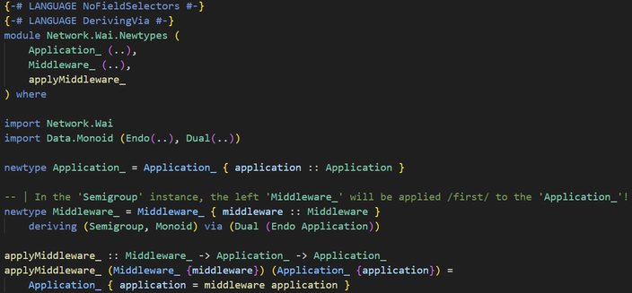 Haskell code that gives newtype wrappers to the "Application" and "Middleware" type synonyms from module Network.Wai. Also, a DerivingVia-derived Monoid instance for the Middleware newtype that composes left-to-right.